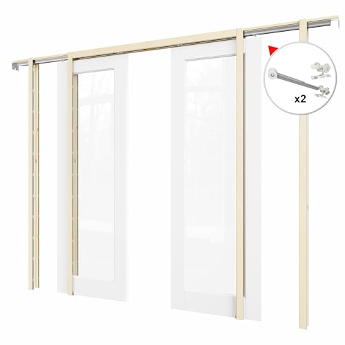 Image of 56 inch x 80 inch (Double 28 inch x 80 inch) Clear Glass Pocket Door, Soft-Close Sliding Pocket Door with Frame & Hardware Kit Set, Primed All-Inclusive Interior Door Slab for Home,White