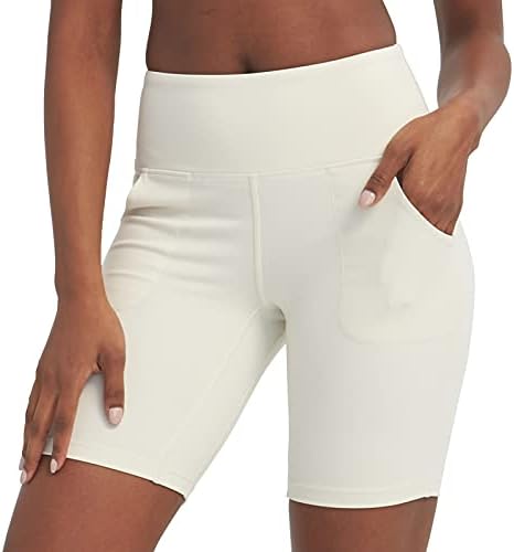 Lulucheri Biker Shorts for Women with Pockets High Waisted Yoga Pants 8" (XX-Large, Ivory White- Front Pockets)