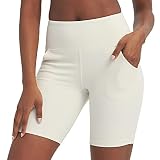 Lulucheri Biker Shorts for Women with Pockets High Waisted Yoga Pants 8" (Small, Ivory White- Front