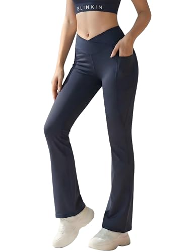 Image of BLINKIN Flared Gym Pants for Women Workout - Gym Tights Leggings with Crossover Belt | Workout Lowers | Trackpants |Gym Lower| Flare Yoga Pant for Woman with Side Pocket (4047)