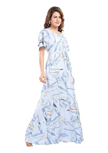 Image of NIGHT SHADES | Alpine Frock Style Designer Nighty |Women's Abstract Print Maxi Dress | Ruffle Sleeve |Cotton Blend| Women Nighty | Nighty for Women | Gown |