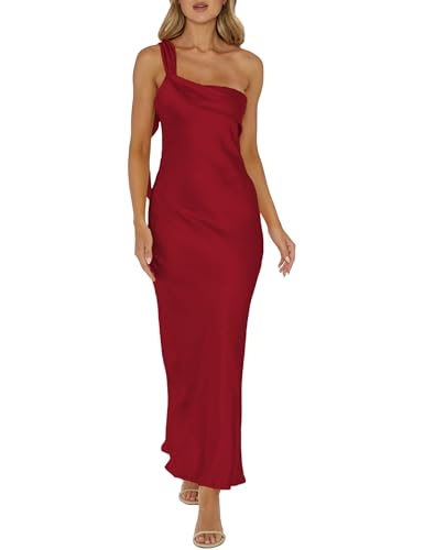 Image of 2026 Satin One Shoulder Maxi Dress for Women Summer Silk Formal Elegant Backless Ruffle Sleeveless Wedding Guest Dresses