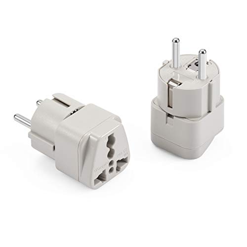 Wonpro Grounded Schuko Travel Plug Adapter Type E/F for Spain, France, Germany, Poland, Russia -CE Certified -2 Pack