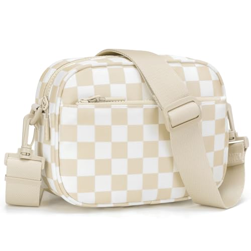 AMZFROG Small Checkered Crossbody Bag for Women Cute Purses Trendy Shoulder Handbags Wide Strap Beige Check