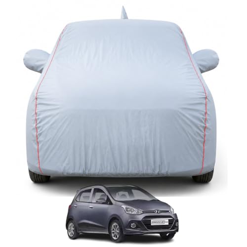 Image of Premium Car Cover for Hyundai's i10 Grand Models | Waterproof, UV & Dust Protection | Mirror & Antenna Pocket | Triple Stitched, Soft Inner Lining, Belt & Buckle (Dark Grey)