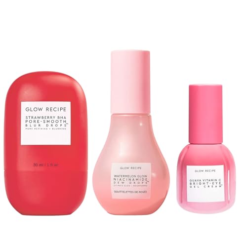 Glow Recipe Makeup Prep Trio - Strawberry BHA Pore Smooth Blur Drops (30ml) - Guava Vitamin C Bright-Eye Cream (15ml) + Watermelon Glow Niacinimide Dew Drops (40ml) - Vegan Skincare for Glowing Skin