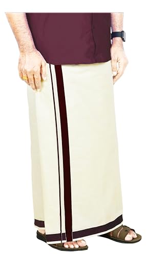 Image of Mens Thick Border 100% Cotton Cream Dhoti 4.0 Meters Double Mundu /Vesti