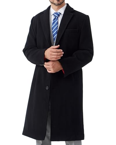 Image of Mens Black Wool Winter Overcoat - Cashmere Blend Long Topcoat Jacket, Classic 3-Button Dress Coat
