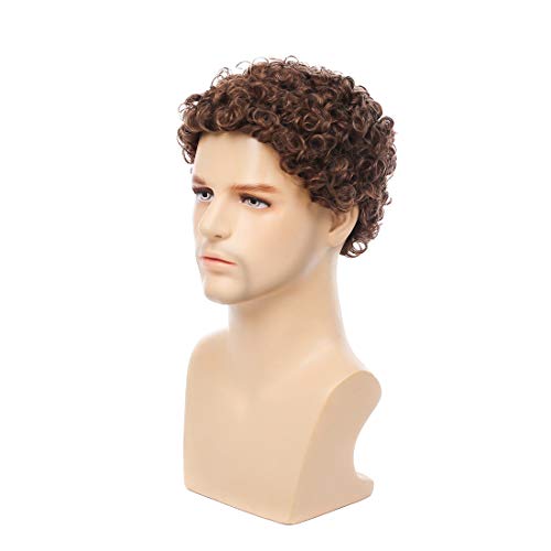 Swiking Mens Short Brown Afro Curly Wig For Male Guy Rocker Wig California Halloween Cosplay Costume Full Wigs #TOP2