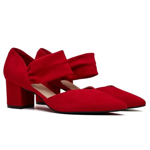Women's Pumps Closed Toe Low Chunky Heels Dress Shoes for Women Comfortable Dressy Party Wedding Bridal Shoes Red Size 8 Wide Width4