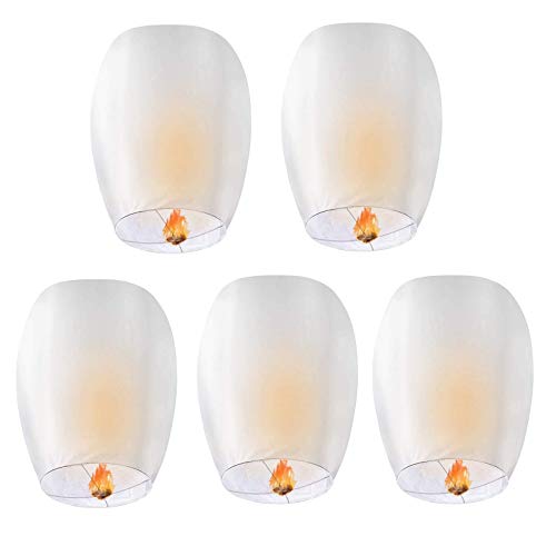 5 Pack Chinese Paper Lanterns to Release in Sky Friendly Safe & Biodegradable, Chinese Wishing Floating Lanterns for Weddings Birthdays Memorials - White