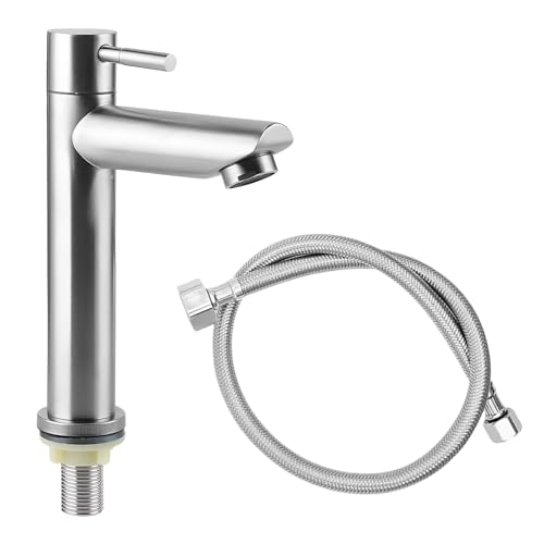 MYLERCT Kaltwasserarmatur 1/2 Zoll Edelstahl Kaltwasserhahn Küche Silber Wasserhahn Kaltwasser Wasserhahn Gäste WC mit 1M Langer Wasserhahnschlauch für Küche Bad Hotel