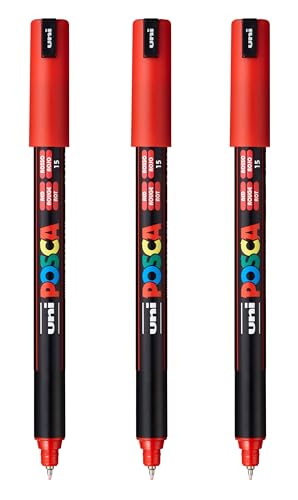 posca PC-1MR Water-Based Paint Markers, Extra Fine Tip (0.7mm), Red, 3 Count