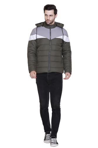 Image of Men's Navy Blue and Grey Hooded Puffer Jacket, Quilted, Zip Front