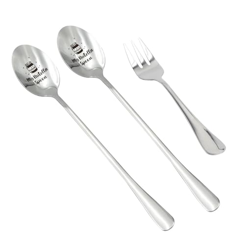 LOLANIUT Personalisiertes 3er Set Löffel & Dessertgabel – Löffelliebe Frühstück Zubehör, Löffel mit Gravur für Nutella Geschenke, 19cm Langer für Nutella, Geschenkset für Frauen & Freundin