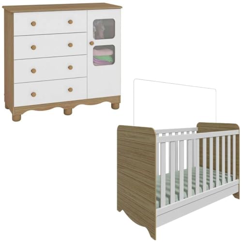 Quarto de Bebê Completo com Berço Americano Ben 3 Em 1 Cômoda Uli 4 Gavetas Móveis Peroba Branco Bri