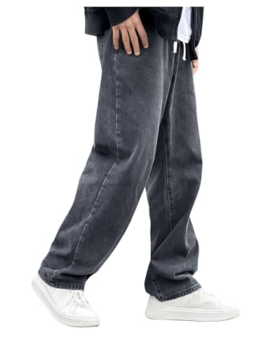 OYOANGLE Men's Drawstring Waist Jeans Straight Leg Denim Pants with Pocket Zipper Fly Trousers