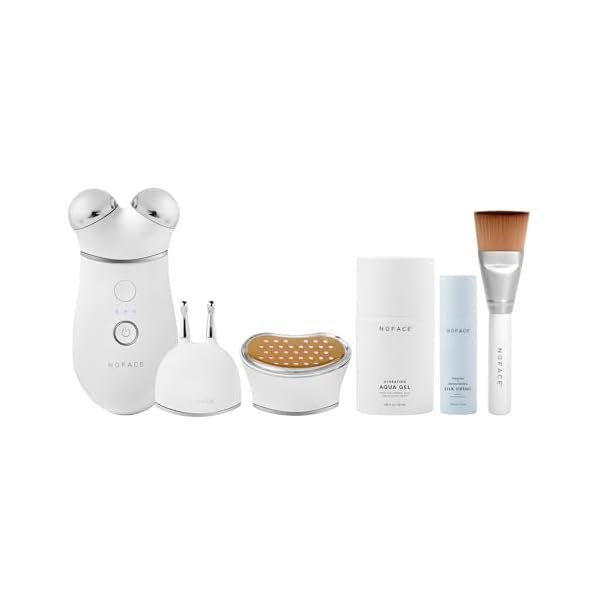 NuFACE TRINITY+ FDA Cleared Microcurrent Facial Device, Wrinkle Reducer + Effective Lip & Eye Attachment - Face Toning Device for Targeted Treatment + Microcurrent Gel Activator, Silk Crème & Brush