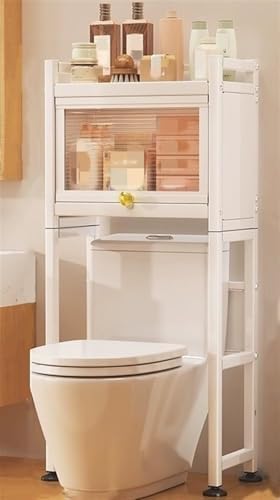 White Floor Standing Toilet Rack with Flip-Door, Dustproof Cabinet & Adjustable Non-Slip Feet, Space-Saving Storage Shelf for Bathroom Organization (50x25x167 cm)