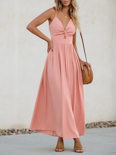 Image of CUPSHE Women Casual Dress Beach Sleeveless V Neck Summer Cutout Spaghetti Straps Formal Maxi Sun Dresses