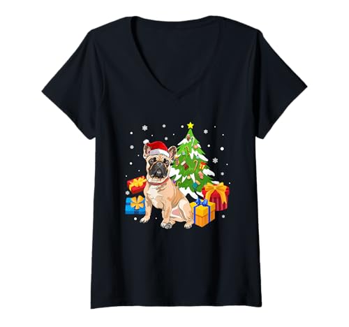 Mujer Santa French Bulldog Dog Christmas Tree Gifts Xmas Matching Camiseta Cuello V