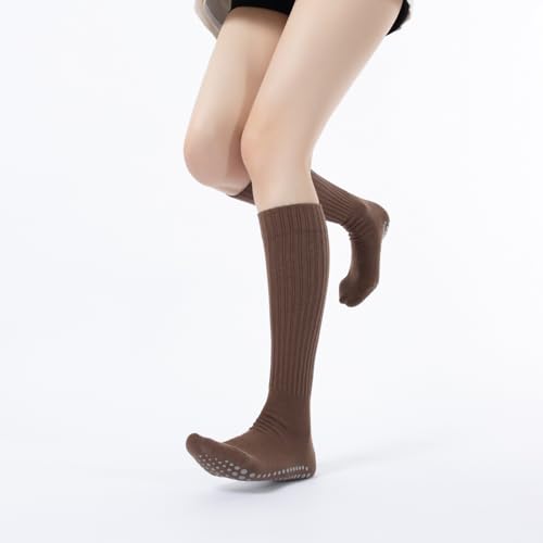 Image of Verdancy Yoga Pilates Socks with Grips for Women Ribbed Knee Highs Non Slip Cushioned Over the Calf Socks for Barre Ballet