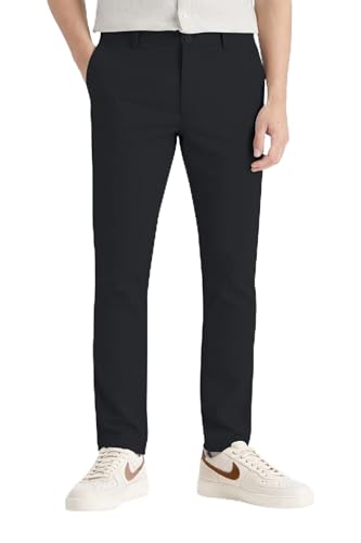 Image of Thread Bloom Men's Chino Trousers Slim-Fit 5-Pockets Comfort Stretch Cotton Twill Wrinkle-Resistant Flat-Front Casual Office Workwear Formal Smart Chino Pants 30W-40W (Black, 32W x 30L)