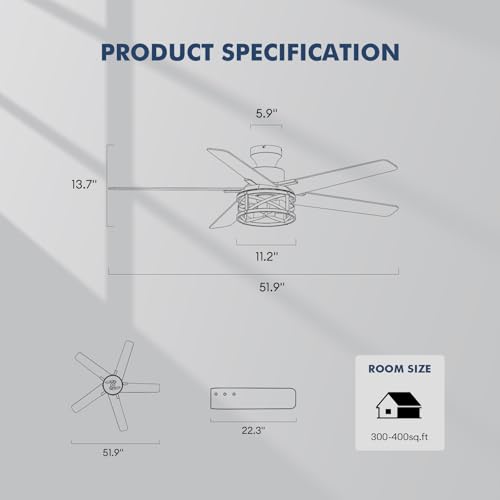 Image of 52 Inch Flush Mount Ceiling Fans with Lights and Remote Control, Low Profile Farmhouse Ceiling Fan for Bedroom Living Room and Patio, Black Caged Ceiling Fan for Indoor and Outdoor(NO BULBS)