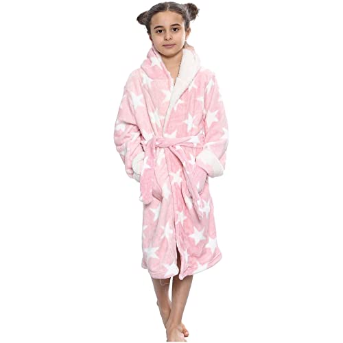 A2Z 4 Kids Girls Fleece Luxury Sherpa Hooded Dressing Gown - Bathrobe 129 Stars Print Pink._13