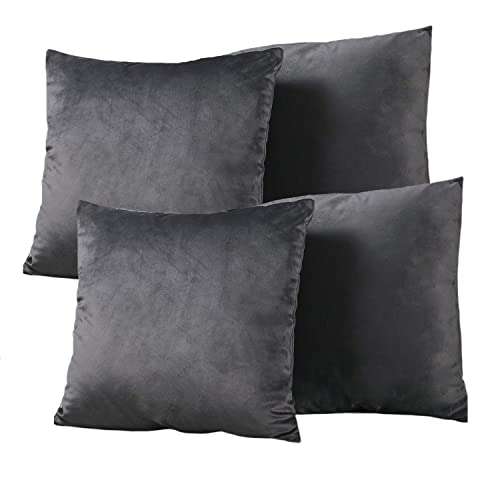 SWISSPACK Lot de 4 housses de coussin carrées décoratives en velours doux pour salon, canapé, chambre à coucher avec fermeture éclair invisible. Grande taille. 50,8 x 50,8 cm, gris foncé Cover