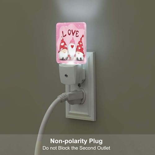 Image of Red Love Hearts with Gnome LED Plug-in Night Lamp 2 Piece Set, Auto Sensor Nightlights Set of 2 for Bedroom Bathroom