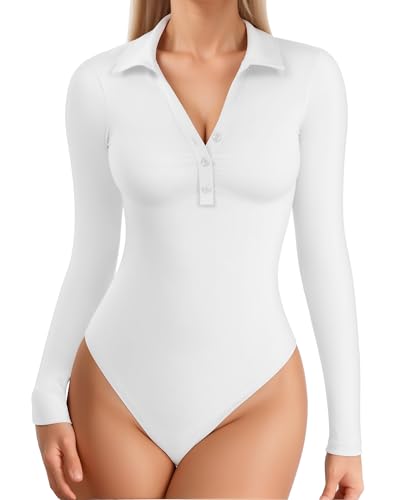 Image of Mangopop Women' Long Sleeve Ribbed Bodysuit Jumpsuits