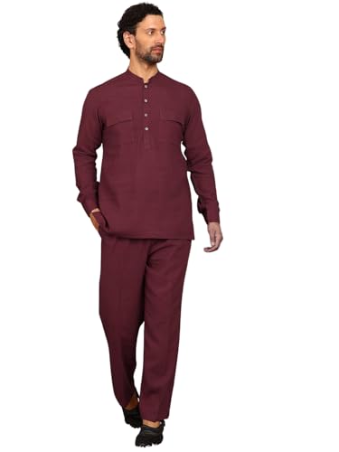 Image of See Designs Men's Full Sleeve Mandarin Collar Linen Solid Pathani Set