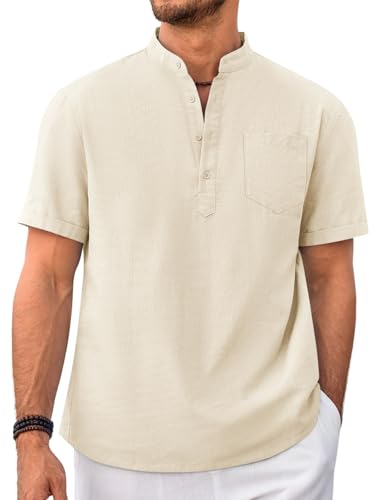 Beotyshow Men Button Short Sleeve Henley Shirts Banded Collar Summer Shirts Oversized Breathable Button Down Shirt Beige XXXL