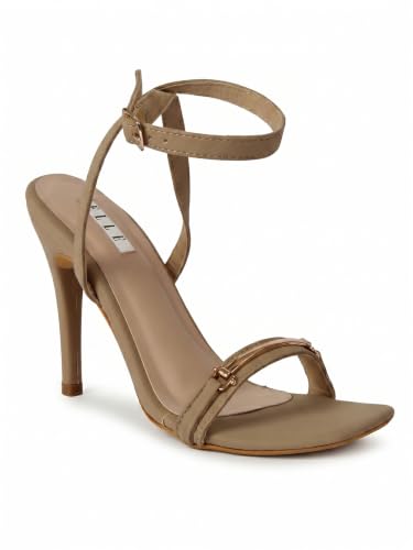 Image of ELLE Women's Square Toe Stiletto Heel Sandals with Gold-Tone Bar Detail and Crisscross Ankle Strap