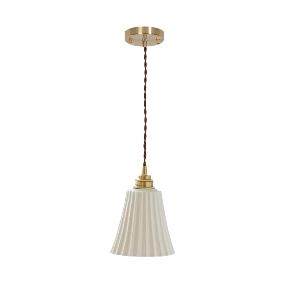 NHPJFDC Pleated Cone Minimalist Retro Ceramic Pendant Light, 5.5-Inch lampshade Fluted Hanging Lamp for Bedside Kitchen Island Coffee Bar Cafe, E26 Socket 59.1-Inch Braided Cord Lighting Fixtures