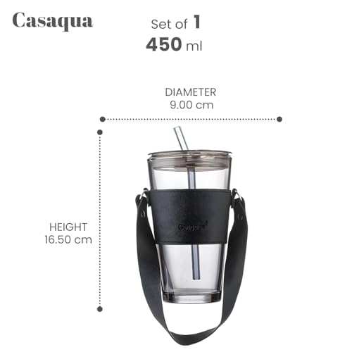 Image of Glass Tumbler with Lid & Straw - 450ml, Set of 1, Iced Coffee Cup, Clear Drinking Glass with Silicone Grip Sleeve, Leak-Resistant Lid, Travel Tumbler for Coffee, Tea, Office Use