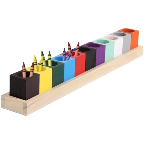 OMISTAR Colored Crayon Holder, Wooden Pencil Organizers for Little Ones, Marker Storage Containers, Desk Crayon Caddy, Stationary Art Supplies Storage for Classroom, 11 Cups on a Stand