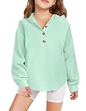 Arshiner Girls Button UP Hoodies Kids Casual V Neck Sweatshirt Girl Long Sleeve Shirts Tunic Tops Curved Hem Light Blue Sweatshirt Girls Sweatshirts Size 8-10
