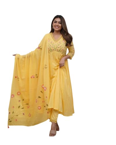 Image of KANCHAN TRADERS Women's Cotton Round Neck 3 /4 Sleeve Chikankari Embroidered Printed Kurta Palazzo with Dupatta Set