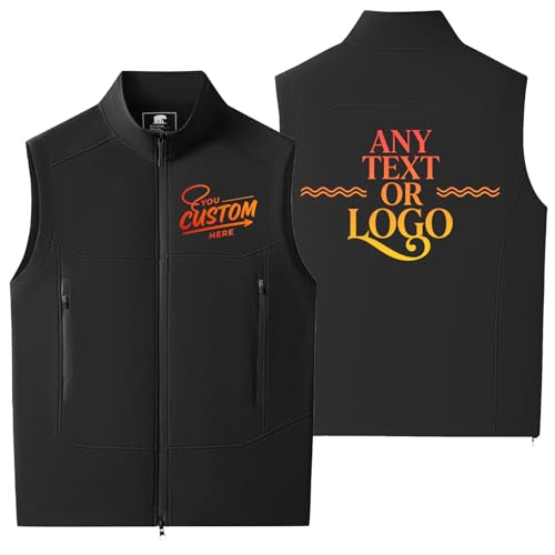 WUWWUT Personalisierbare Softshell-Weste für Herren, Sportweste, individuelle Arbeitsweste mit Reißverschlusstasche, leicht, ärmellos, Softshell-Jacke, Schwarz , XL