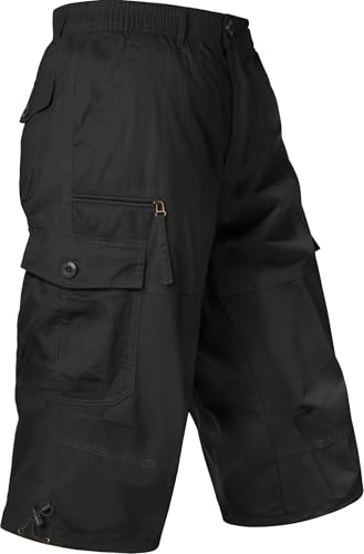 MAGCOMSEN Mens Cargo Shorts Long Capri Elastic Below The Knee 3/4 Cotton Casual Summer Long Shorts with Pockets Black 34