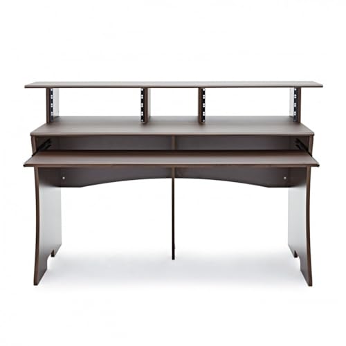 Bureau de studio de musique à domicile à 3 niveaux avec étagère coulissante, noyer