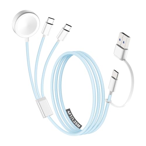 Travel Essentials for Apple Watch Charger, Multi Charging Cable for iPhone Charger, 3 in 2 USB C Cable Cord Compatible with iPhone 17-15 Series/iWatch Ultra/10-1/Galaxy S25-20, iPad-Blue,4FT