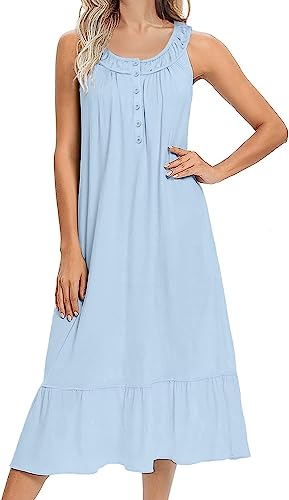Image of Ekouaer Nightgowns for Women Sleeveless Night Gown with Pockets Long Ladies Sleep Dress Soft Sleepwear Light Blue