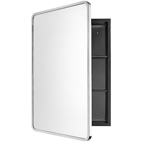 Image of Movo Medicine Cabinet with Mirror, 20 Inch x 31 Inch Metal Framed Bathroom Mirror Medicine Cabinet Rectangle Tilting Beveled Vanity Mirrors Recess or Surface Mount Installation Chrome
