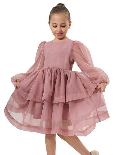 2Bunnies Girl Baby Toddler Puff Sleeve Organza Tulle Tutu Twirly Babydoll Flare Ball Gown Princess Flower Girl Dress (US, Age, 3 Years, 4 Years, Long Sleeve Dusty Pink)