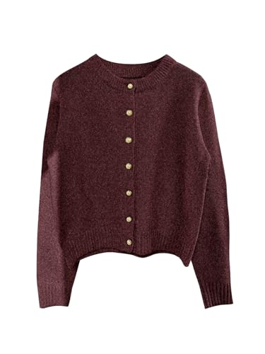 GORGLITTER Damen Strickjacke Kurz Langarm Pullover mit Rundkragen Casual Cardigan mit Knöpfen vorn Strickmantel Kurz Jacken für Herbst Bordeaux M