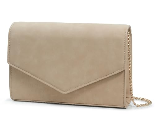 HOXIS Minimalist Evening Envelope Clutch Chain Shoulder Bag Women Faux Leather Suede Purse (Nude)