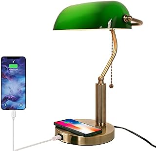 FIRVRE Green Glass Bankers Desk Lamp Reading E27 Classic Retro LED Table Lamp with Wireless Charging USB Port Vintage Brass Pull Chain Switch Nightstand Bedside Light for Home Office Bedroom Study